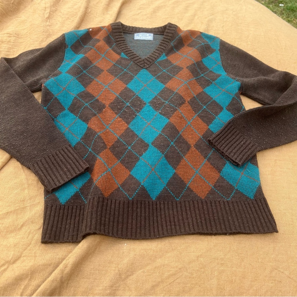 Vintage Le Tigre Brown and Teal Argyle V-Neck Sweater Size Medium